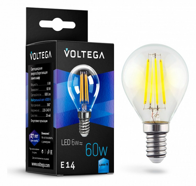 Лампа светодиодная Voltega Globe 6W E14 6Вт 4000K 7022