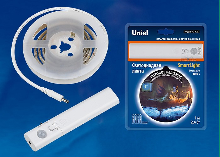 Комплект с лентой светодиодной Uniel Smart Light ULS-R20-2,4W/4000K/1,0M/4AAA SENSOR Smart Light блистер