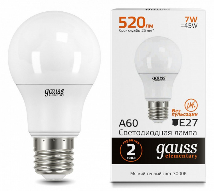 Лампа светодиодная Gauss Led Elementary A60 E27 7Вт 3000K 23217A